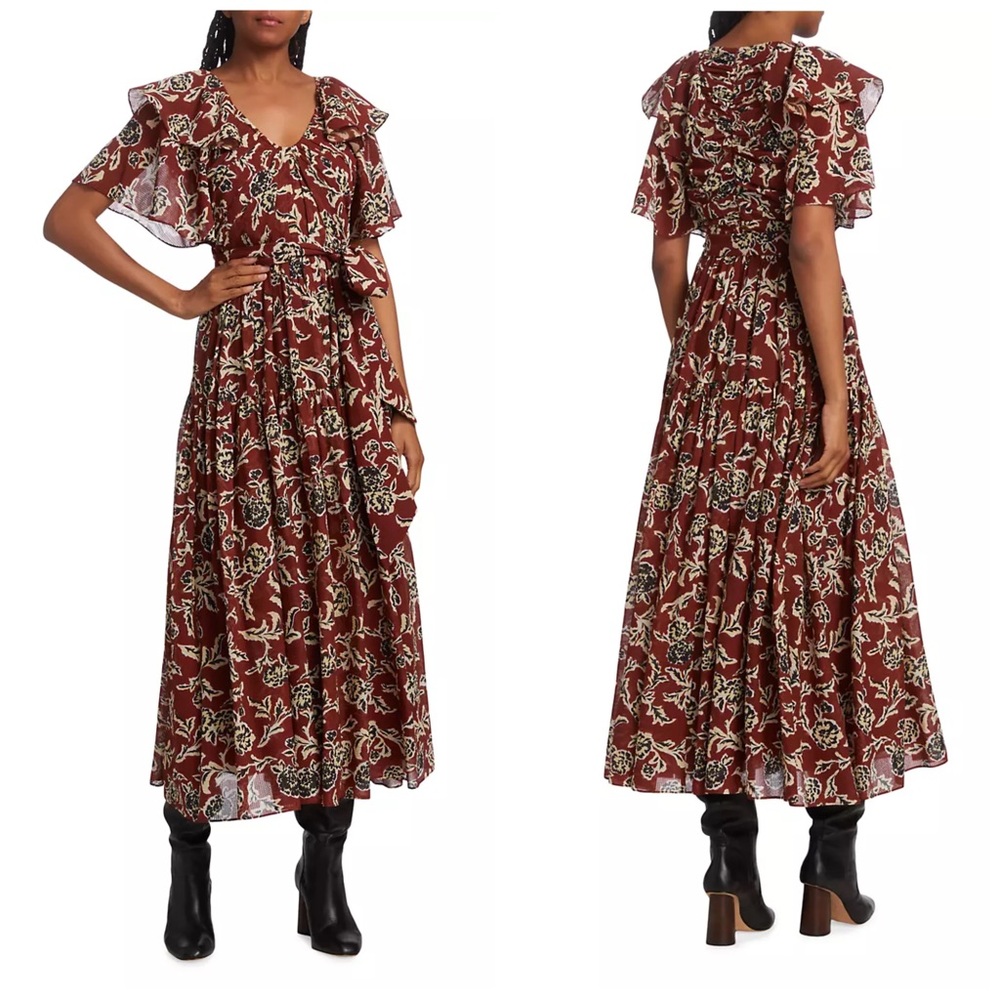 NWT Tanya Taylor Rita Flutter-Sleeve Maxi Dress